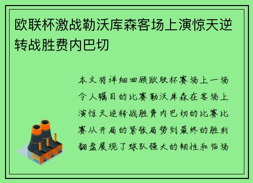 欧联杯激战勒沃库森客场上演惊天逆转战胜费内巴切 欧联杯激战勒沃库森客场上演惊天逆转战胜费内巴切