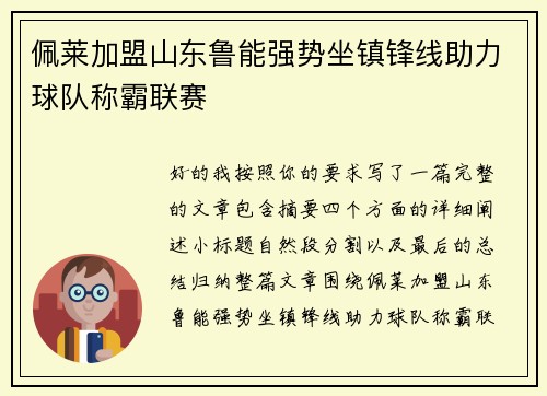 佩莱加盟山东鲁能强势坐镇锋线助力球队称霸联赛 佩莱加盟山东鲁能强势坐镇锋线助力球队称霸联赛